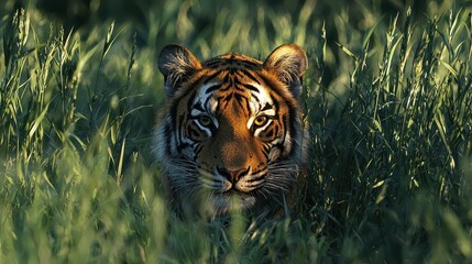 Naklejka premium A close-up of a tiger's face peering through tall grass, showcasing its striking orange and black stripes in a natural setting.