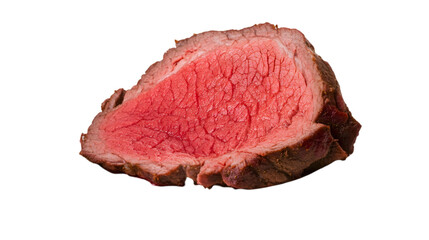 A juicy, tender slice of roast beef, with crispy edges, placed on a white plate. Transparent background


