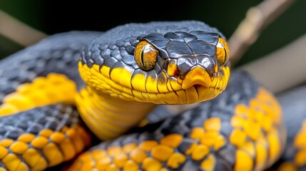 Fototapeta premium Striking Yellow And Black Snake - Close-up of a venomous snake with vibrant yellow and black bands, showcasing intricate scales and intense eyes.