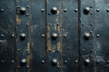 Fototapeta premium Close-up View of a Rustic Black Door with Rivets and Weathered Texture