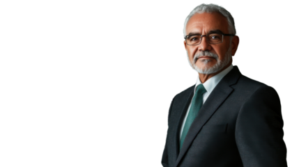 Senior businessman wearing suit and tie on transparent background