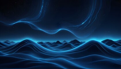 Un paisaje futurista con ondas azules brillantes o campos de energía contra un cielo nocturno estrellado, con una sensación de movimiento y dinamismo