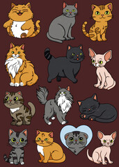 set of icons, illustrations of cats of different breeds, cartoon character kitty, cat stickers, kitten, cute, funny, illustration on a red background