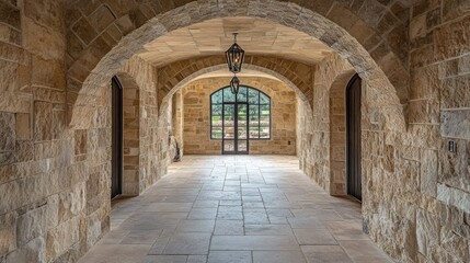 Elegant Stone Hallway With Archways and Window