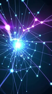Dynamic, glowing blue and purple lines connecting thousands of dots, forming an evolving neural network structure