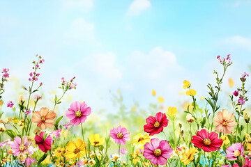 Fototapeta premium A joyful spring banner design featuring a vibrant watercolor arrangement of Mother's Day flowers, perfect for celebration invitations.