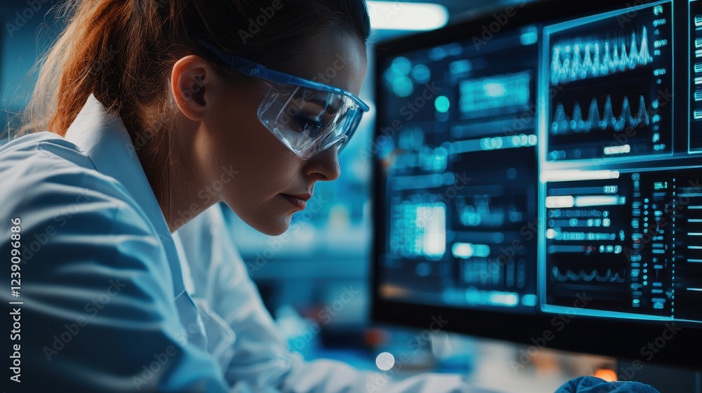 Poster a focused scientist analyzes data on a computer, wearing protective goggles in a modern laboratory e