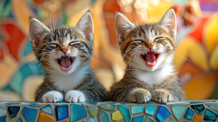 two cute and happy kitten with glass mosaic background