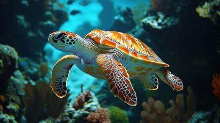 A vibrant sea turtle glides gracefully through a colorful coral reef, showcasing its distinctive shell patterns amidst a serene underwater landscape.