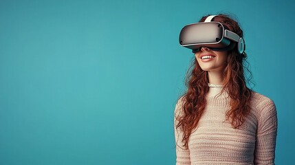 Fototapeta premium Woman smiles using VR headset, blue background