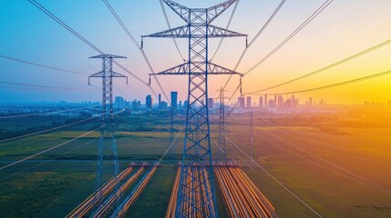 A vibrant sunset view featuring power lines, with a city skyline in the background and fields in the foreground.