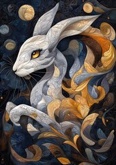 Ornate White Rabbit Amidst Abstract Floral Design