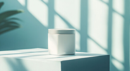 An empty white rectangular container rests on a pastel blue table under soft light. The gentle shadows create a calming atmosphere, highlighting the simplicity and elegance of the design