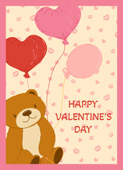 Happy Valentine's Day card. Modern art design with hearts, teddy bear, balloons. Template for celebration, ads, branding, banner, cover, label, poster, sales