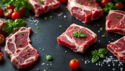 Fototapeta premium Juicy Pork Steaks Ready for Grilling Fresh Herbs and Tomatoes