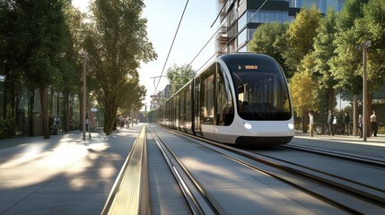 Modern Tram Traveling Through A Cityscape With Trees