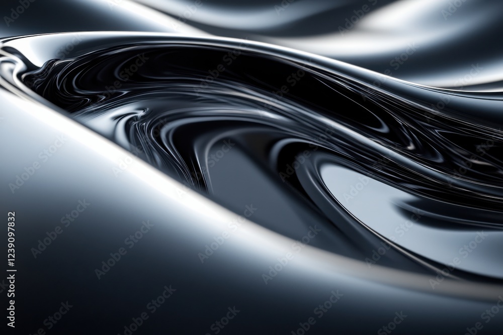 Poster abstract fluid patterns in glossy black surface with smooth, flowing curves and waves