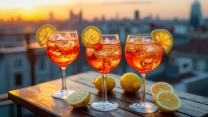 Refreshing cocktails on a balcony during sunset in a city setting