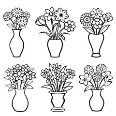 set of flowers in vase line art vector illustration coloring page
