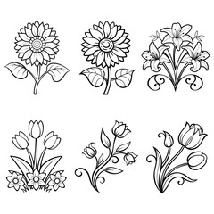 set of floral elements line art, flower vector illustration coloring page design