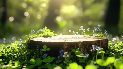 A wooden stump sits surrounded by lush green foliage and delicate wildflowers, basking in warm sunlight that filters through the trees. This tranquil setting captures the essence of spring's renewal.