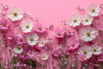 Photo of a border made from white cosmos flowers on a pastel pink background, flat lay. Web banner with copy space in the bottom right corner