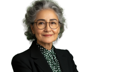 Smiling senior businesswoman with glasses posing on transparent background