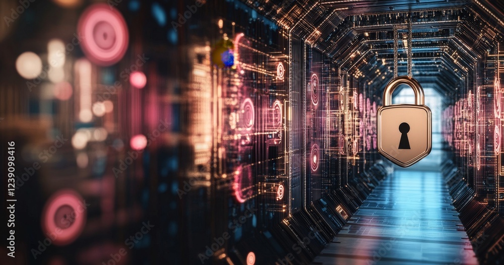 Poster digital security lock in a futuristic tech environment