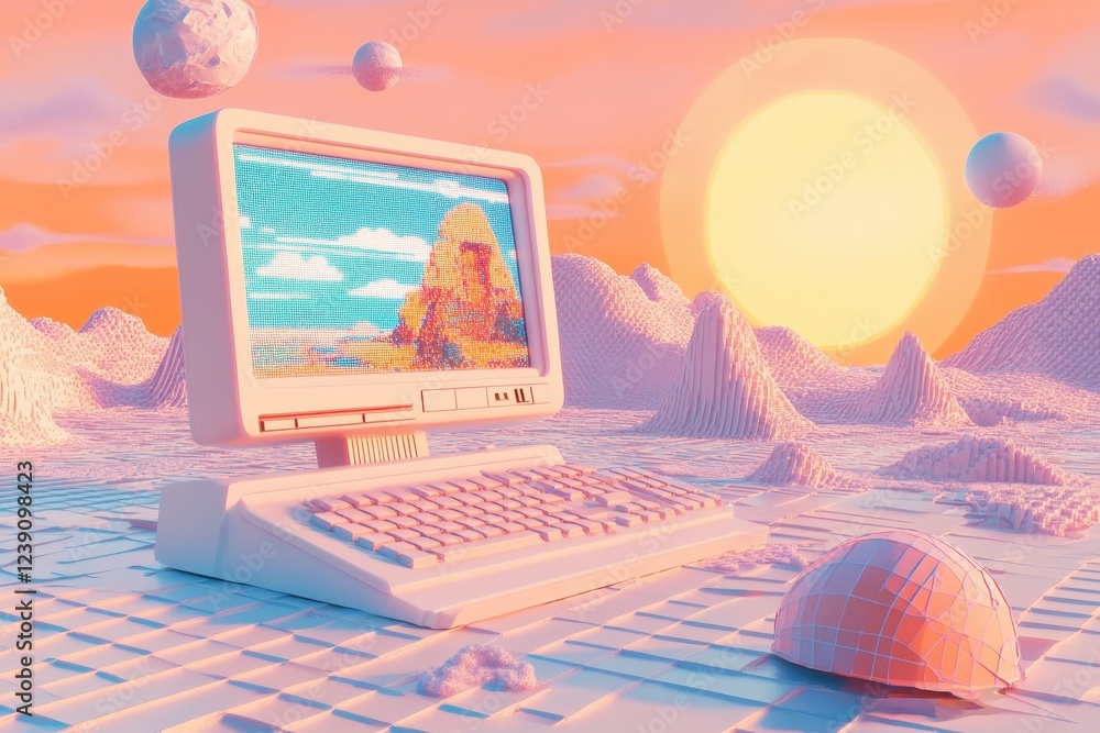 Poster Retro Computer Displaying Ancient Landscape In Surreal Setting