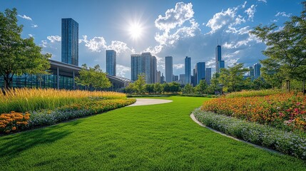 Obraz premium A panoramic view of a modern campus featuring glass buildings framed by lush greenery and well-manicured lawns.