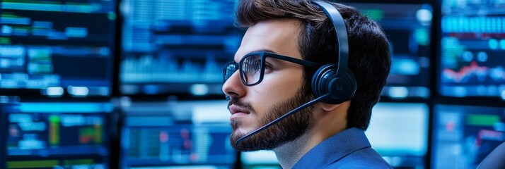 Focused Tech Support Specialist - A young man wearing a headset intently monitors multiple screens displaying data, providing technical support or monitoring systems.
