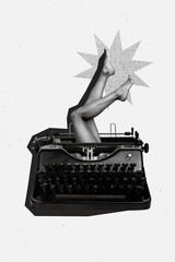 Vertical creative photo collage illustration of woman legs stuck in mechanical keyboard story novel...
