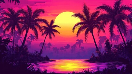 Vibrant Sunset Over Tropical Lagoon With Palm Trees