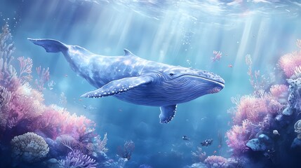 Fototapeta premium Majestic Humpback Whale Swims Through Vibrant Coral Reef