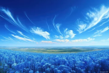 Fototapete Rund Vibrant Blue Flower Field Under a Sunny Sky © Adi