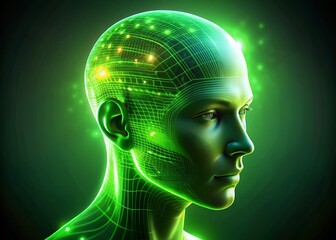 Obraz premium Minimalist Green Glowing Tech Head: Futuristic AI Concept Stock Photo