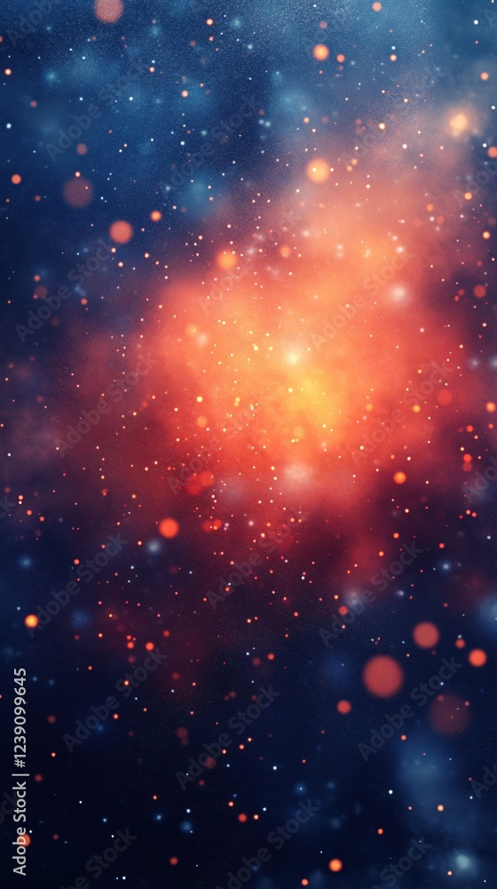 Poster abstract cosmic nebula with glowing particles and bokeh effect in deep blue and orange tones
