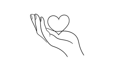 Hand with hearts continuous line art drawing isolated on white background. Charity and help. Vector illustration