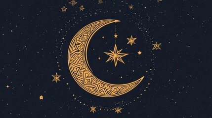 Naklejka premium Celestial Moon and Stars: Night Sky Design, Ornate Crescent, Golden Pattern, Cosmic Background, Starry Night