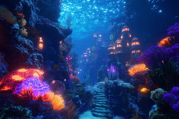 A mermaid city deep underwater, glowing coral and iridescent fish swimming past