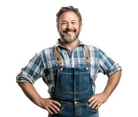 Smiling middle-aged man with a beard posing in a flannel shirt and denim overalls, hands on his hips with an open smile, creating a friendly and approachable feel, isolated on transparent background