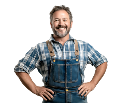 Smiling middle-aged man with a beard posing in a flannel shirt and denim overalls, hands on his hips with an open smile, creating a friendly and approachable feel, isolated on transparent background