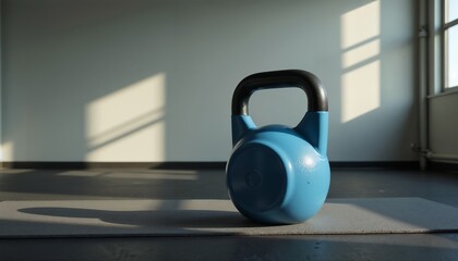 Blue kettlebell on the mat in the sun room