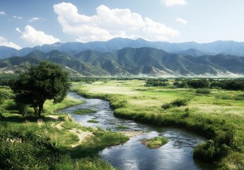 Serene River Landscape with Lush Greenery and Mountain Backdrop