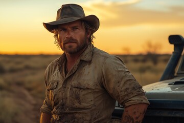 A rugged adventurer wearing a classic outback hat stands confidently in front of an off-road vehicle, bathed in the golden glow of the setting sun.