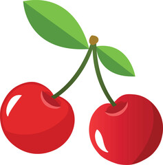 Vector Red cherry fruit, red cherry with leaves, red cherries icon illustration