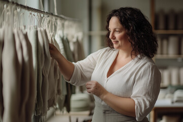 Female fashion designer carefully examining fabric samples hanging on a rack in her bright studio, selecting materials for her upcoming collection