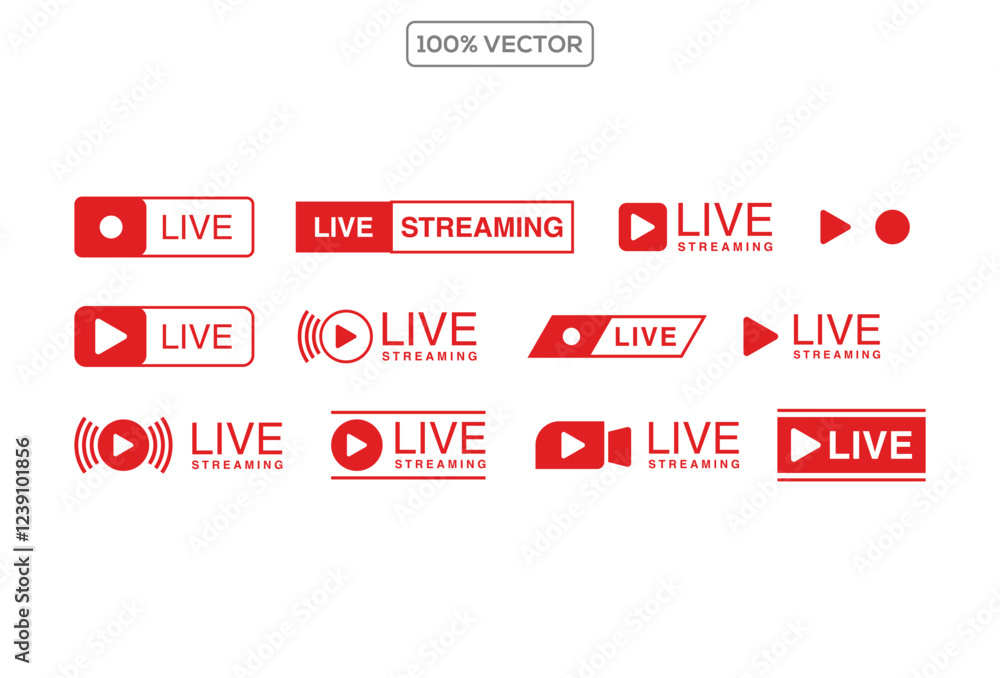 Fototapete set of live streaming red icons. play button icon vector template