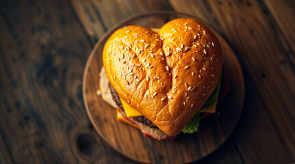 heart shaped burger seen from above on a wooden plate background, copy space wallpaper	