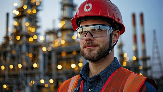 Professional male engineer in protective gear, ensuring workplace safety in a manufacturing facility.